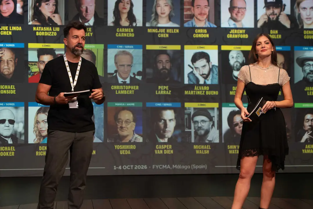 Fernando Piquer, director general de SDCC M&aacute;laga 2026, y Cristinini, tras presentar 25 nuevos invitados especiales.