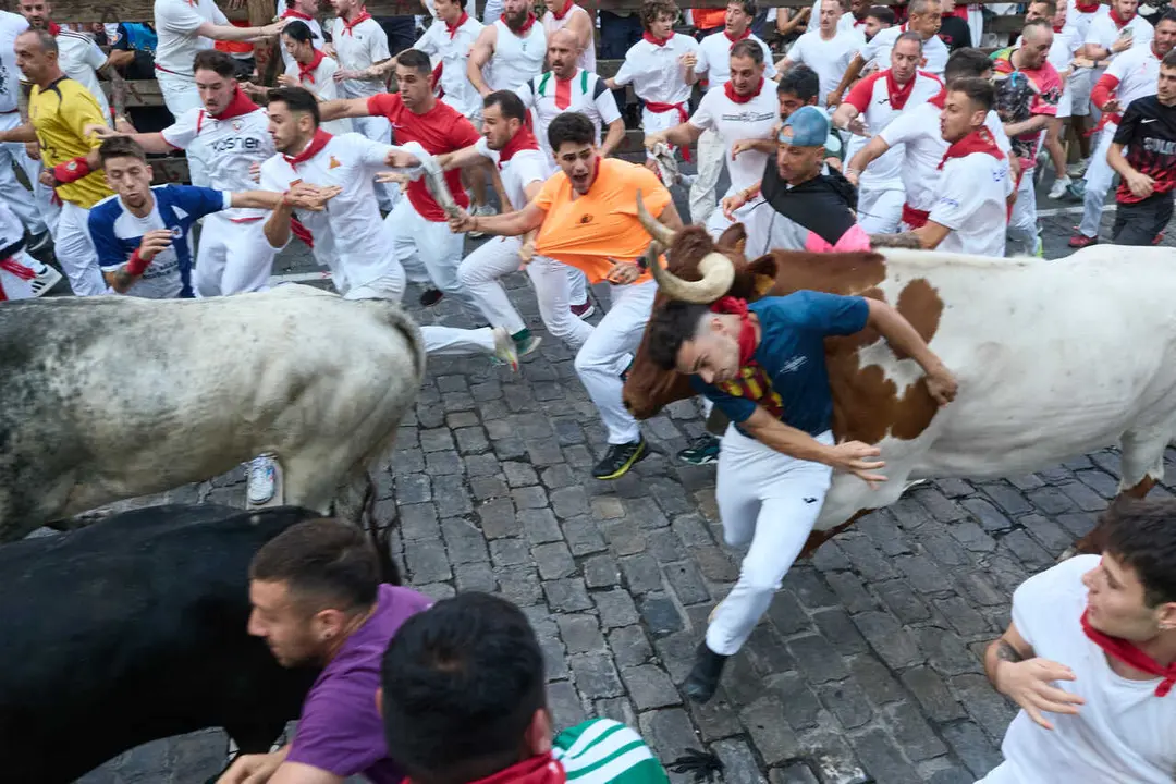 Segundo encierro de los Sanfermines de 2026, a 8 de julio de 2026, en Pamplona, Navarra (Espa&ntilde;a). Al igual que en las dos &uacute;ltimas ediciones, los toros de Cebada Gago protagonizan el segundo encierro de las fiestas de San Ferm&iacute;n.