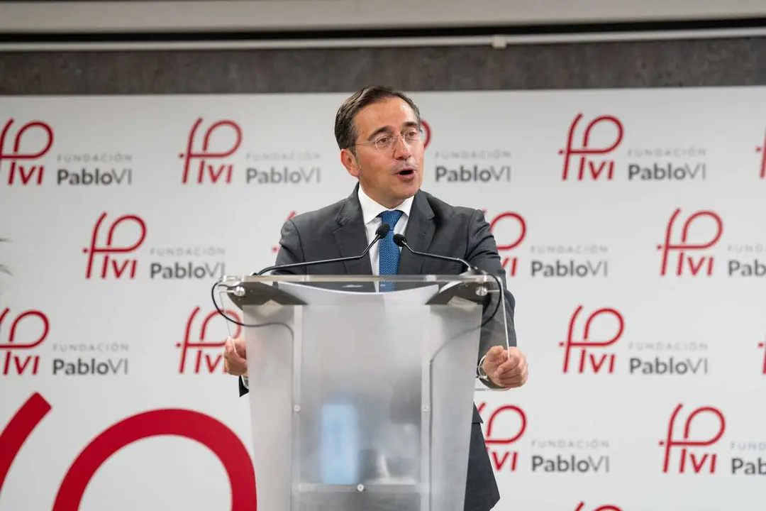 El ministro de Asuntos Exteriores de Espa&ntilde;a, Jos&eacute; Manuel Albares, durante la clausura de la Escuela de Verano de la CEE, en la Fundaci&oacute;n Pablo VI.