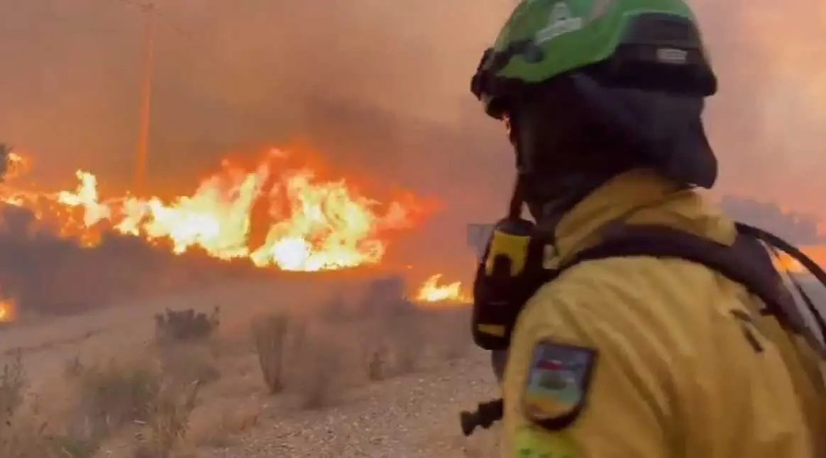 Un bombero forestal combate el incendio declarado en Los Gallardos (Almer&iacute;a).