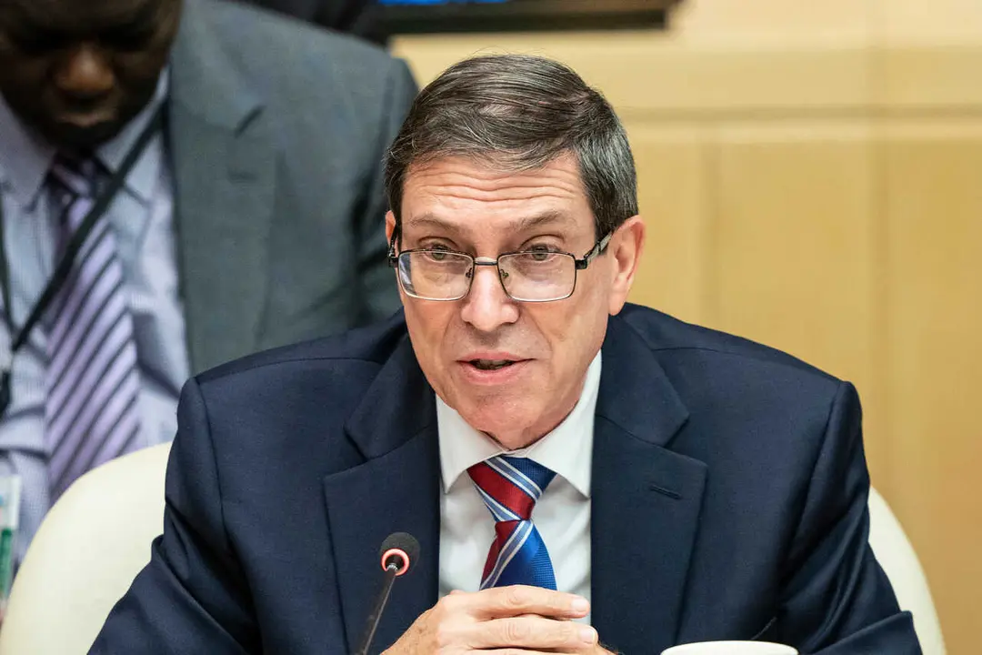 Foreign Minister of Cuba Bruno Eduardo Rodriguez Parrilla speaks at Ministerial meeting of Group of 77 Plus China at UN Headquarters. Cuba was elected as Chair country of the Group of 77 for the year 2023.