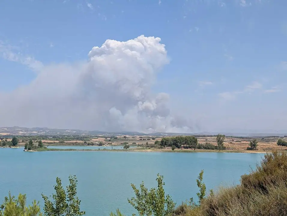 Vista del incendio de las Cinco Villas desde el embalse de San Bartolom&eacute;.
