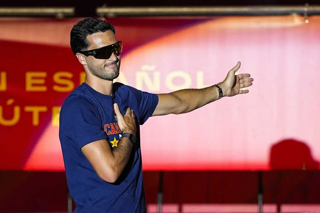 Mikel Merino celebrates on stage during celebration of Spain as Champions of the FIFA World Cup 2026 at Cibeles Palace on July 20, 2026 in Madrid, Spain.