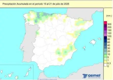 Espa&ntilde;a registra 614 l/m2 de lluvias acumuladas desde el 1 de octubre de 2025 al 21 de julio de 2026