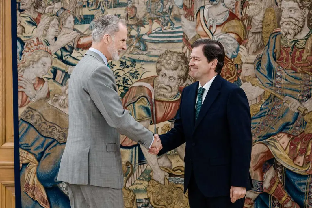 El Rey Felipe VI (i) recibe en audiencia al presidente de la Junta de Castilla y Le&oacute;n, Alfonso Fern&aacute;ndez Ma&ntilde;ueco (d), en el Palacio de la Zarzuela, a 2 de julio de 2026, en Madrid (Espa&ntilde;a). La audiencia tiene lugar tras la reciente reelecci&oacute;n de Alfonso F