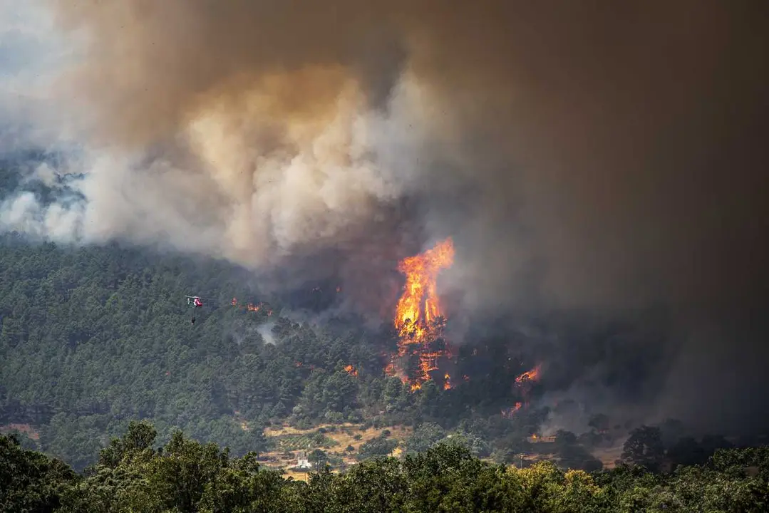 Un helic&oacute;ptero trata de apagar el fuego, cerca de El Casta&ntilde;ar de El Tiemblo, a 24 de julio de 2026, en El Tiemblo, &Aacute;vila, Castilla y Le&oacute;n (Espa&ntilde;a). 