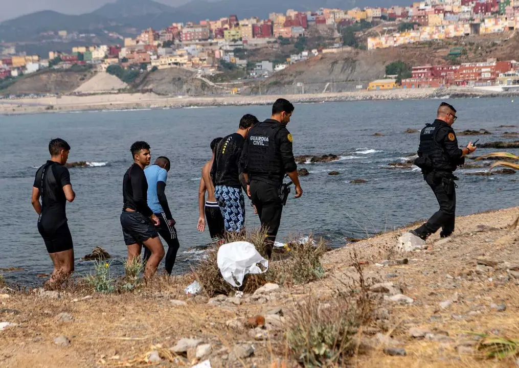 CEUTA, SPAIN &ndash; JULY 29, 2026: Spanish and Moroccan maritime patrols, supported by Spain's Maritime Rescue service, conduct rescue operations off the southern coast of Ceuta after a sharp increase in migrant arrivals to the Spanish enclave in North Africa. Nearly 2,000 migrants have reached Ceuta over the past two weeks, most by swimming around the Tarajal breakwater separating Spain from Morocco. The arrivals include hundreds of unaccompanied minors, prompting local authorities to warn that child protection facilities have been overwhelmed as rescue and border surveillance operations continue. Photo by Antonio Sempere / JNA Press