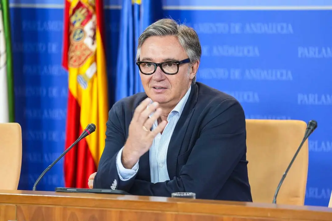 El vicepresidente segundo y consejero de Turismo, Desregulaci&oacute;n, Justicia y Administraci&oacute;n Local de la Junta, Manuel Gavira, en una rueda de prensa en el Parlamento. Imagen de archivo.