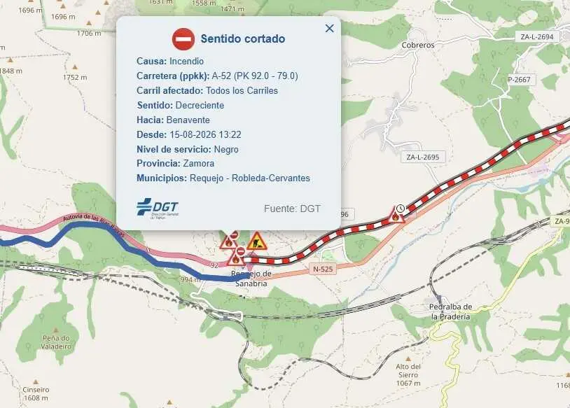 Informaci&oacute;n en la web de la DGT sobre la A-52.