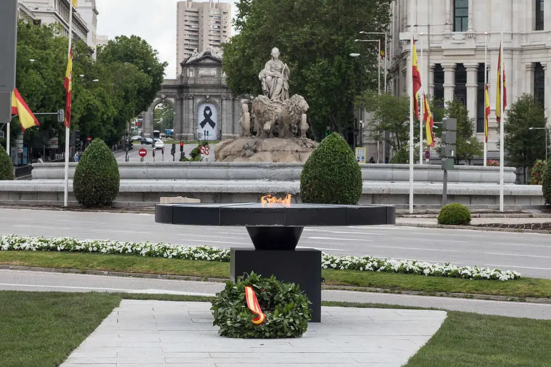 The cauldron was inaugurated, in Plaza de Cibeles, in memory of the deceased of Covid-19 during a Covid-19 Pandemic on May 15, 2020 in Madrid, Spain