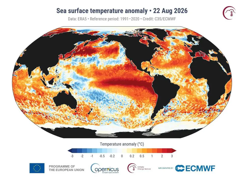 Anomal&iacute;as en la temperatura de la superficie del mar para el 22 de agosto de 2026.