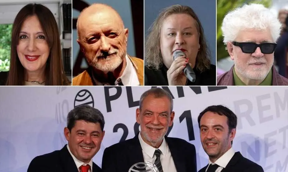 Los autores Dolores Redondo, Arturo P&eacute;rez-Reverte, Alana S. Portero, Jorge D&iacute;az, Agust&iacute;n Mart&iacute;nez y Antonio Mercero --reunidos bajo el pseud&oacute;nimo de Carmen Mola-- y el cineasta Pedro Almod&oacute;var