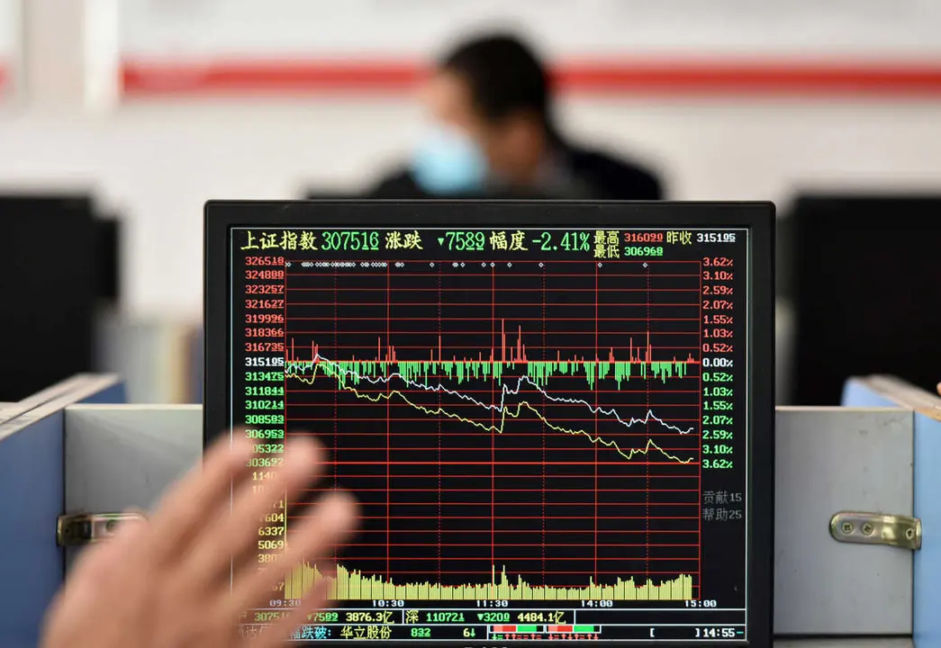Data from the Shanghai Composite Index are displayed on a computer screen at a securities office in Fuyang. Chinese stocks closed lower on Thursday, with the benchmark Shanghai Composite Index down 2.26 percent, at 3,079.81 points. The Shenzhen Component Index closed 2.7 percent lower at 11,084.28 points.