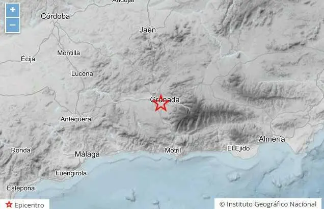 Mapa de la provincia de Granada con la se&ntilde;alizaci&oacute;n del epicentro de un se&iacute;smo sentido en Churriana de la Vega.