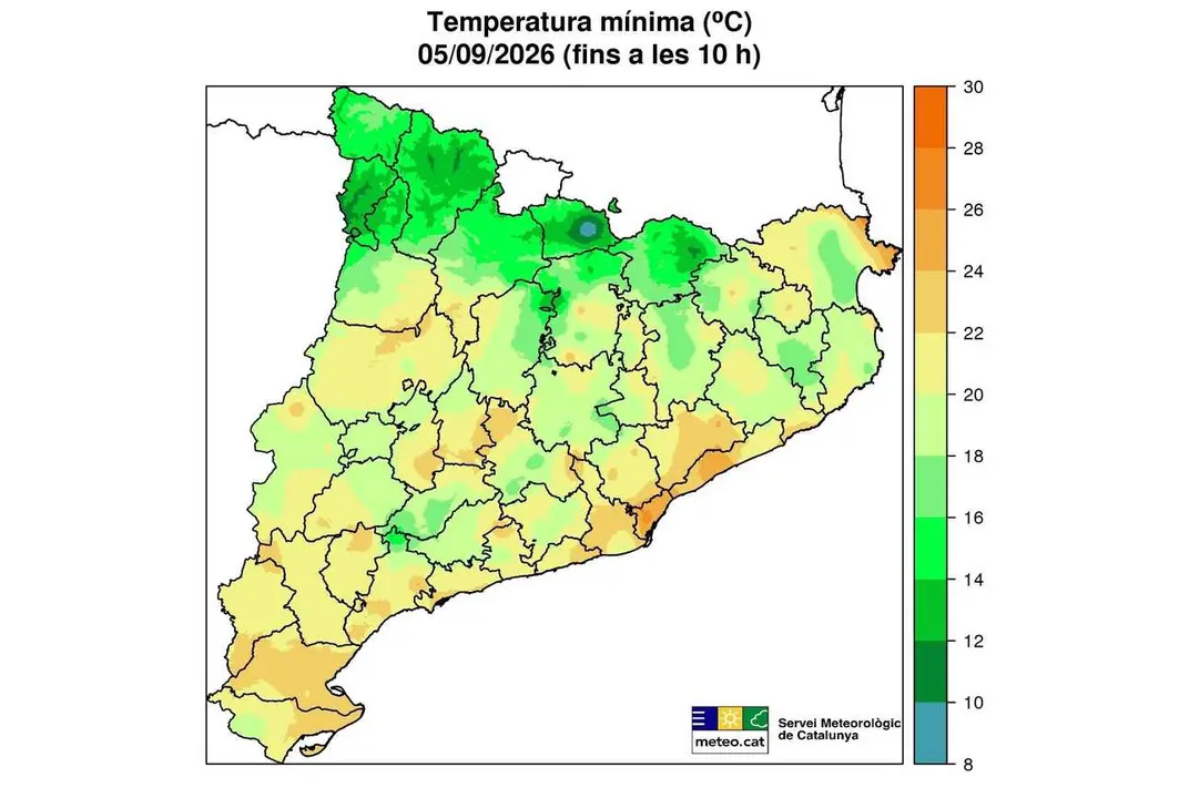 Mapa de temperaturas m&iacute;nimas este s&aacute;bado en Catalunya