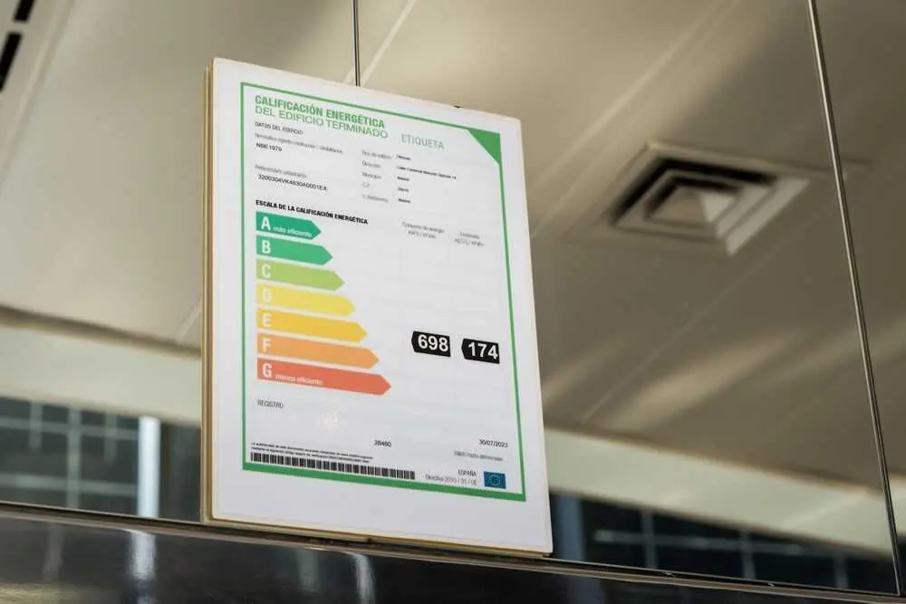 Archivo - Un panel describiendo la eficiencia energ&eacute;tica de un edificio