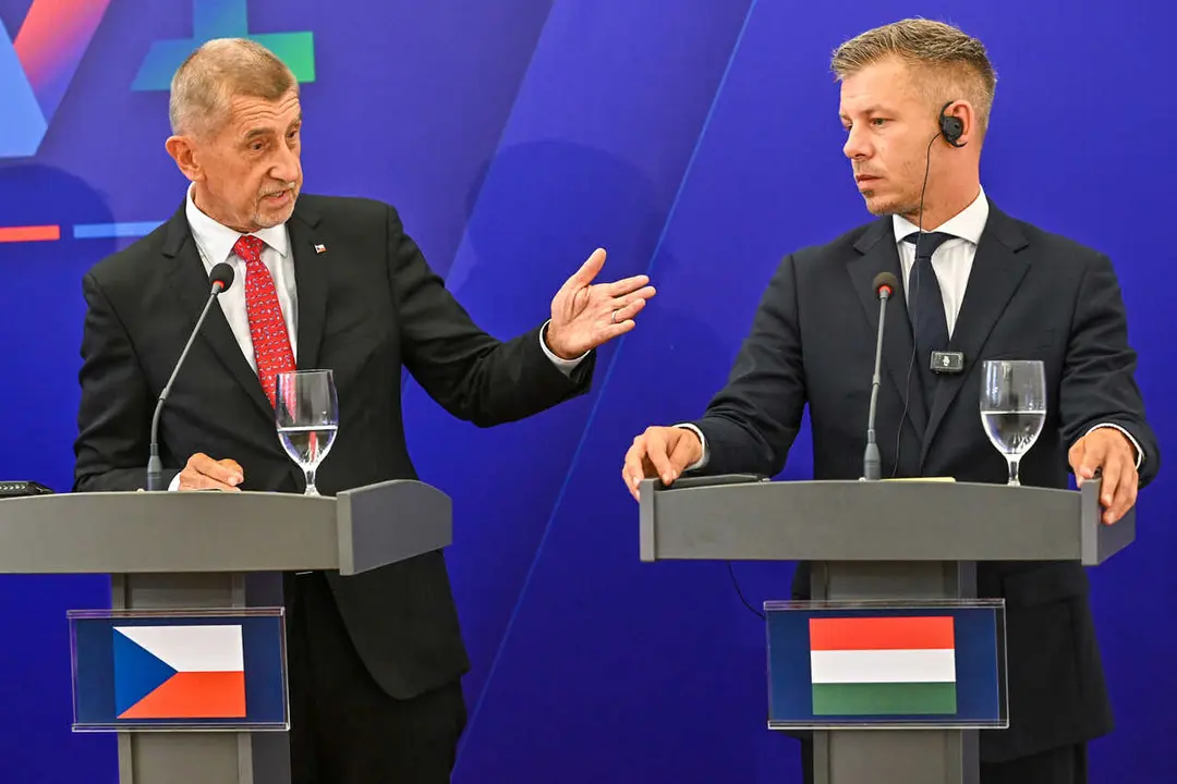 Prime Minister of the Czech Republic ANDREJ BABIS  is complementing Hungarian PM PETER MAGYAR in Bratislava, SK during the press conference of the V4 leadership meeting with the PM of Ireland, Miche&aacute;l Martin on 10 September, 2026.