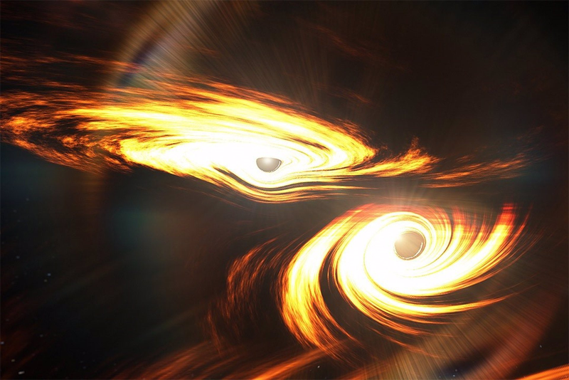 <p> Ilustración de dos agujeros negros en proceso de colisión - MARK MYERS/OZGRAV </p>