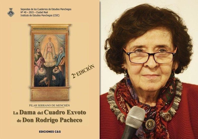 Pilar Serrano de Menchen y la portada de su libro 'La Dama del Cuadro Exvoto de Don Rodrigo Pacheco'