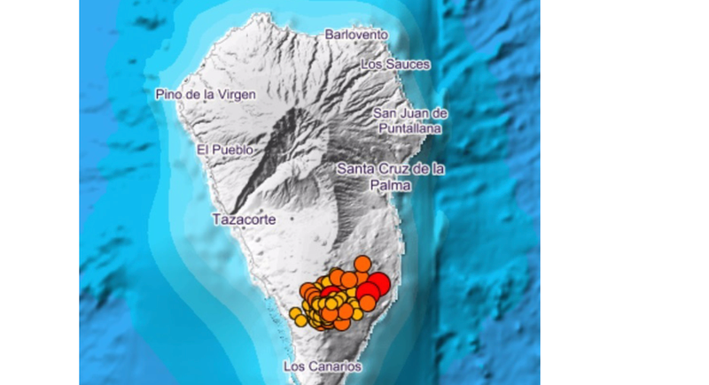 <p> Mapa de los terremotos en La Palma durante los últimos tres días - CEDIDO POR IGN </p>