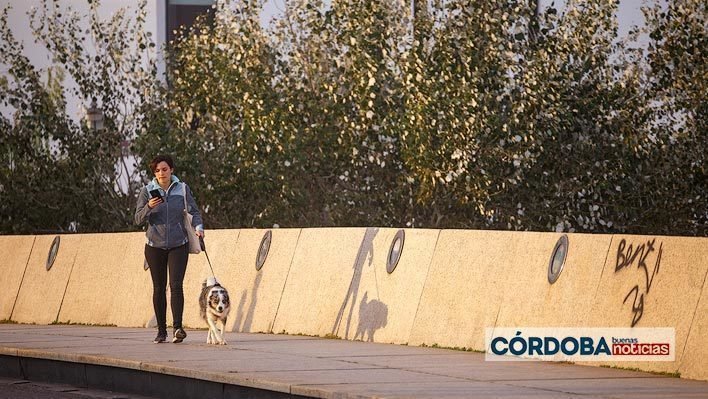 <p> Una mujer pasea a su perro en el Puente de Miraflores | José León </p>