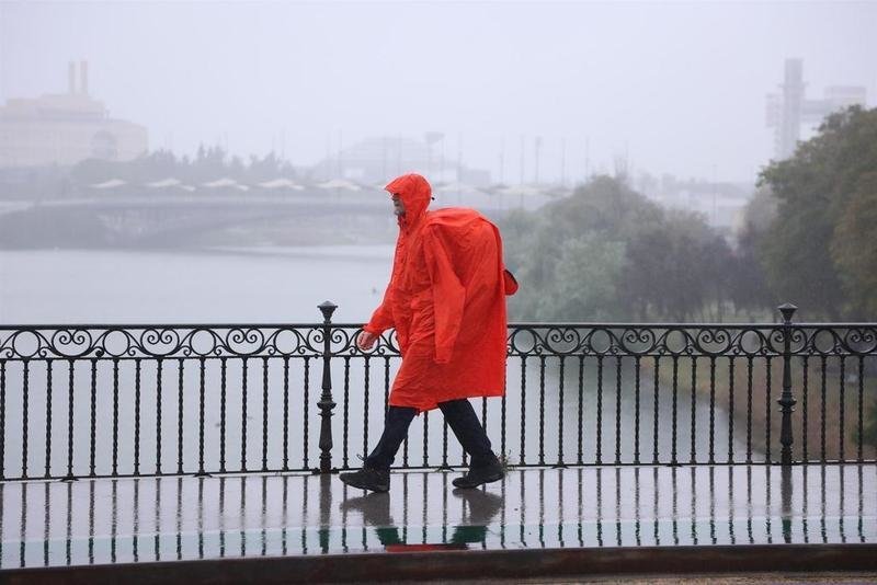 <p> Una persona cruza un puente en Sevilla bajo la lluvia </p>