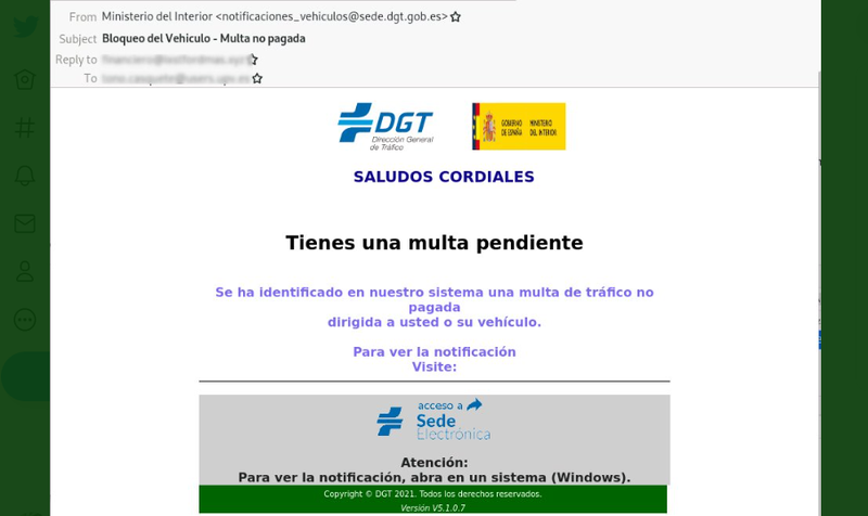 <p> Correo electrónico que suplanta la identidad de la DGT | Guardia Civil </p>