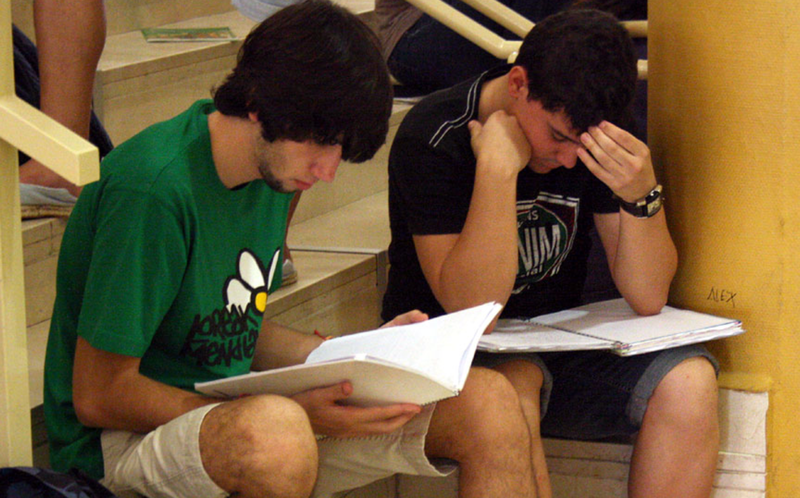 <p> Estudiantes repasan sus apuntes antes de realizar los exámenes. </p>