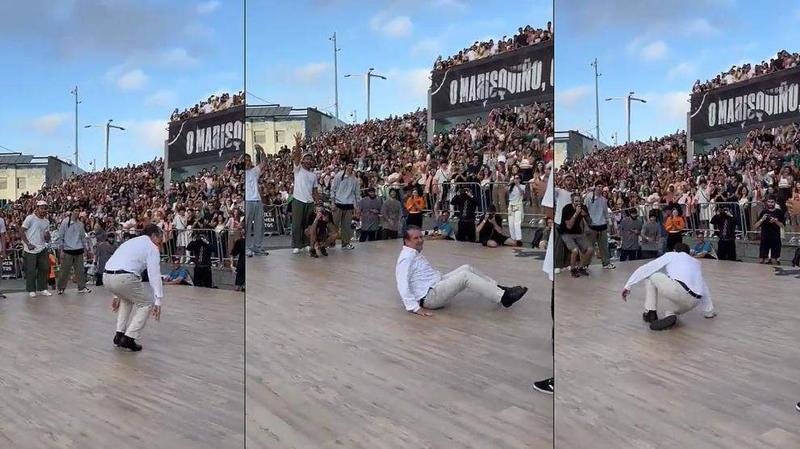 <p> Abel Caballero bailando en el festival O Marisquiño </p>