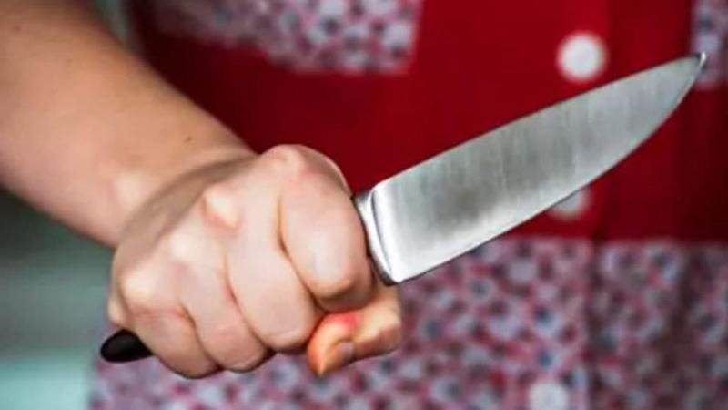 <p> Una mujer sostiene un cuchillo de cocina </p>