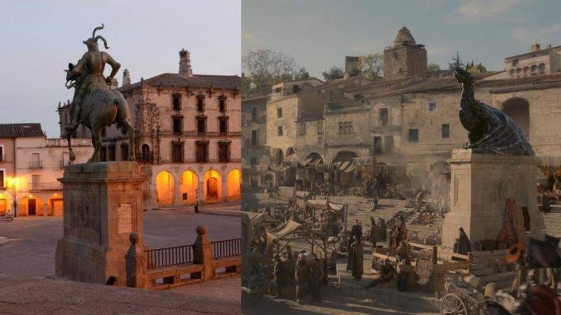 <p> Comparativa de la Plaza Mayor de Trujillo y una plaza de Desembarco del Rey </p>