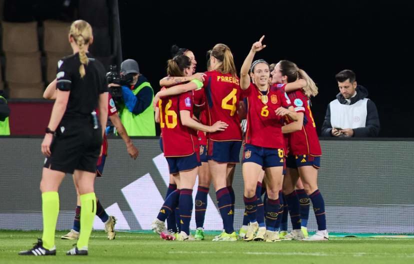  Aitana Bonmati of Spain celebrates a goal during the Final UEFA Womens Nations League match played between Spain and France at La Cartuja stadium on February 28, 2024, in Sevilla, Spain. 