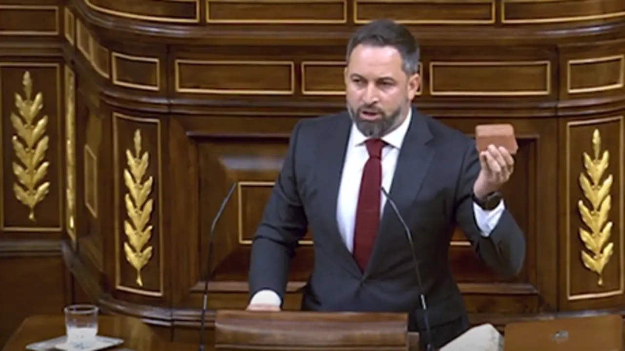 Abascal muestra el adoqu&iacute;n al que hace referencia en la sesi&oacute;n de este mi&eacute;rcoles del en el Congreso de los Diputados. // EP 