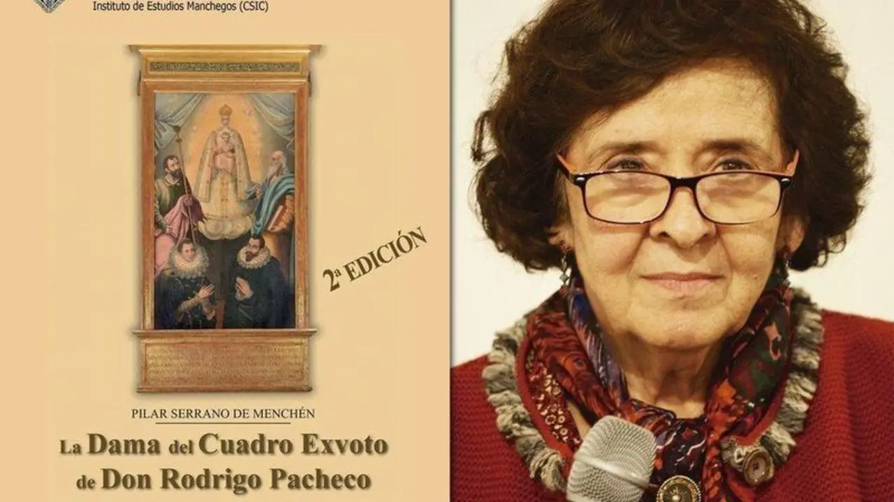 Pilar Serrano de Menchen y la portada de su libro 'La Dama del Cuadro Exvoto de Don Rodrigo Pacheco'