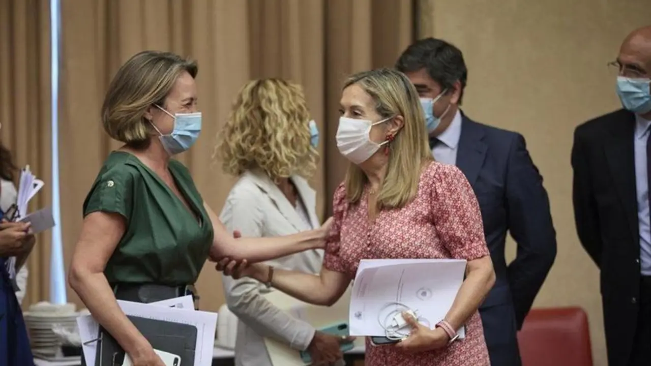  La portavoz del PP en el Congreso de los Diputados, Cuca Gamarra (i) saluda a la vicepresidenta del Congreso y vicesecretaria de Pol&iacute;tica Social del PP, Ana Pastor (d), a su llegada a una reuni&oacute;n de la diputaci&oacute;n permanente en el Congreso de los Diputados - Jes&uacute;s Hell&iacute;n - Europa Press 