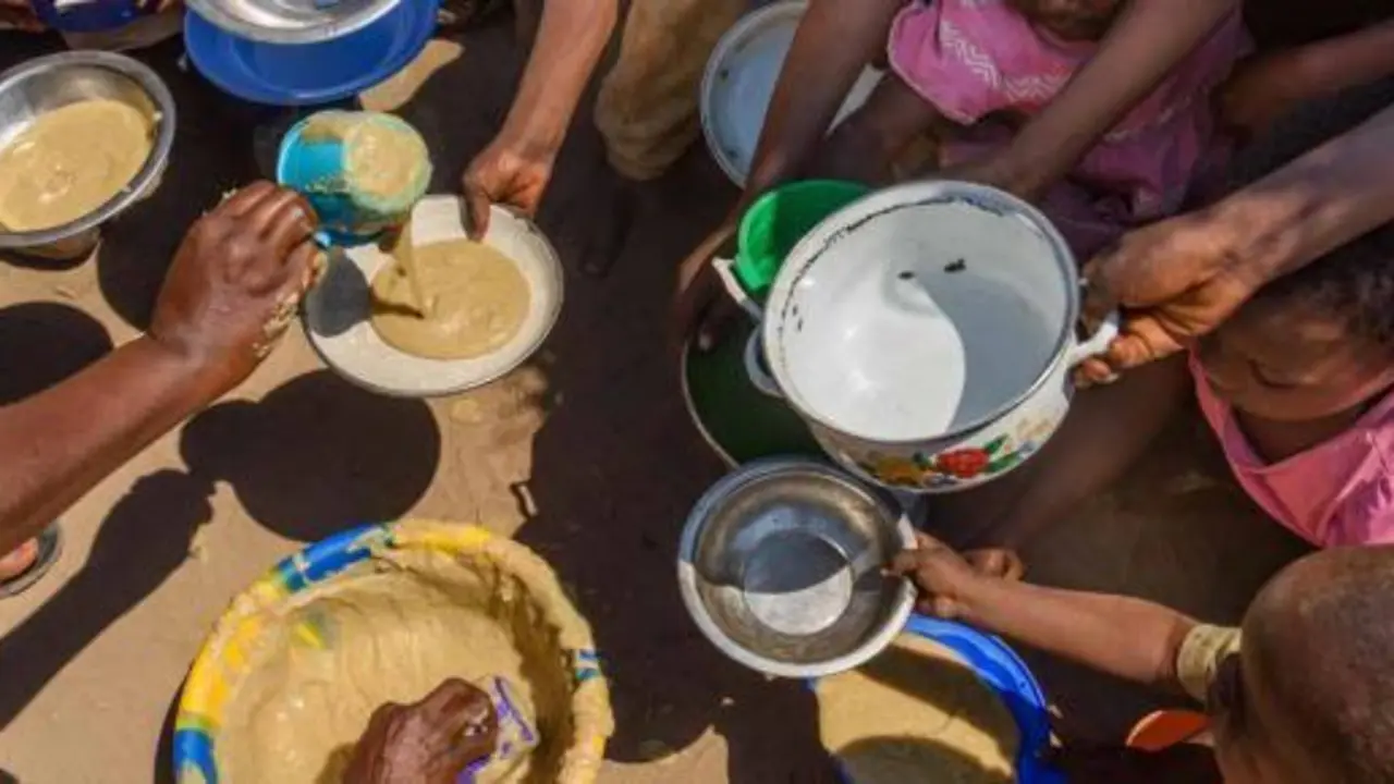 <p> Ni&ntilde;os africanos en un reparto de comida </p>