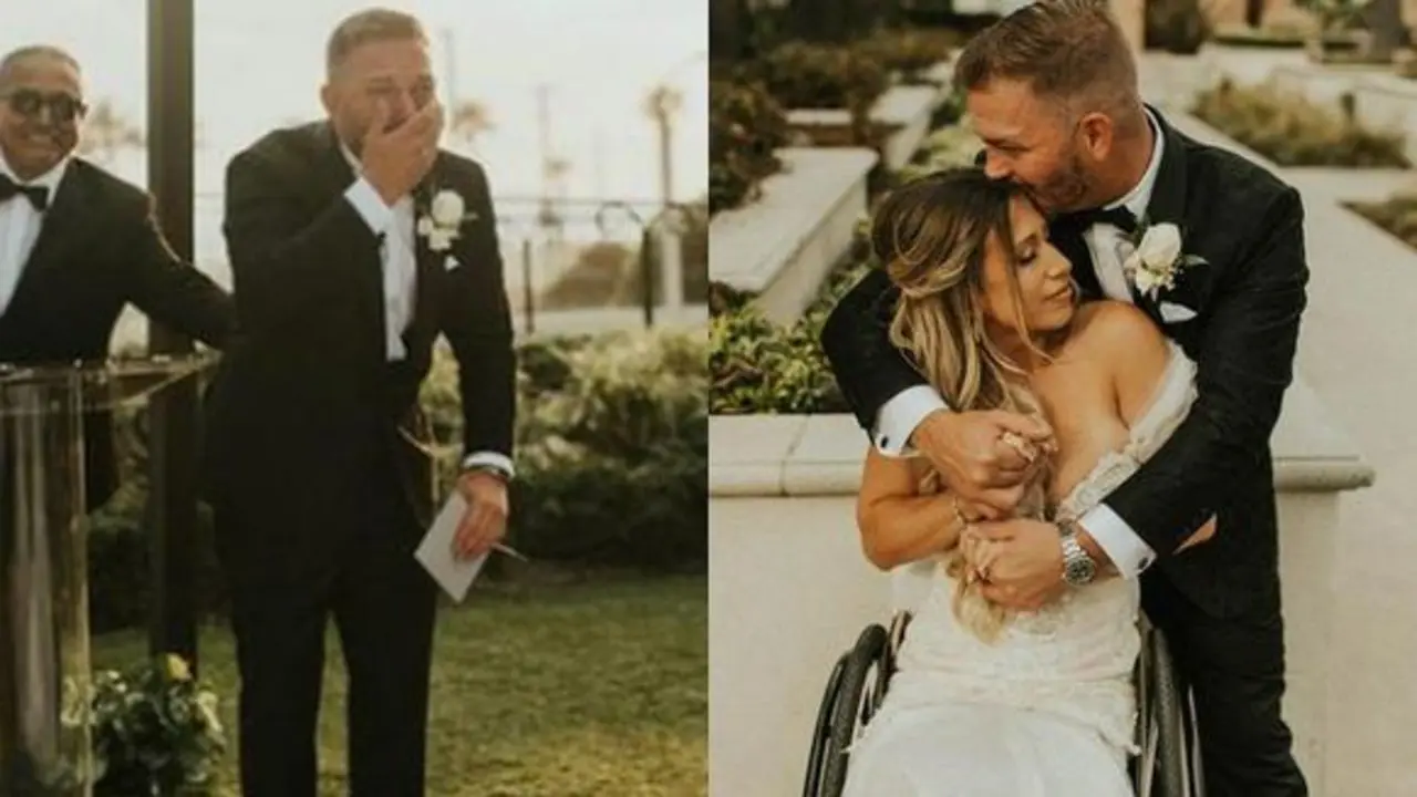 <p> Chelsie Hill sorprendiendo a su esposo Jay Bloomfield poni&eacute;ndose de pie y yendo a su encuentro en el altar. (Foto: @ashabailey_@chelsiehill / Instagram) </p>