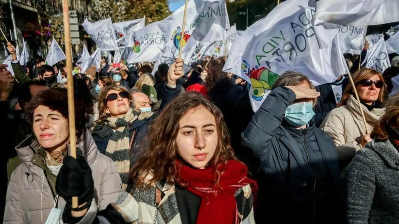 <p> Varias personas en la concentraci&oacute;n provida de este domingo en Madrid contra la ley de eutanasia y los ataques a la objeci&oacute;n de conciencia de los m&eacute;dicos al aborto </p>