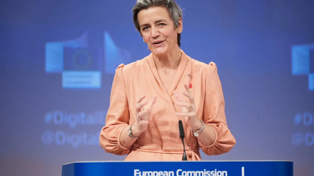 <p> HANDOUT - 09 March 2021, Belgium, Brussels: European Executive Vice-President Margrethe Vestager speaks during a press conference on the 2030 Digital compass, following the weekly meeting of EU Commissioners at EU headquarters in Brussels. Photo - Claudio Centonze/European Commis / DPA </p>