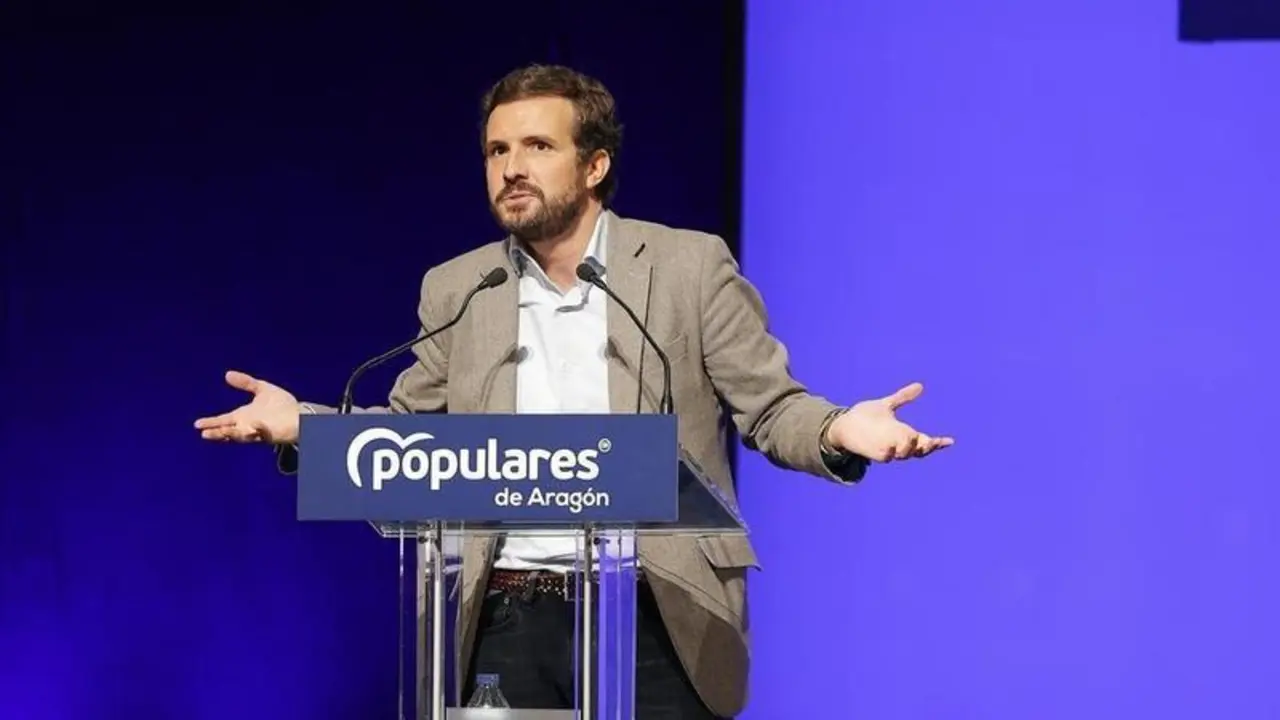 <p> El presidente del PP, Pablo Casado, en el XIV Congreso Auton&oacute;mico del PP de Arag&oacute;n, en el Palacio de Congresos </p>