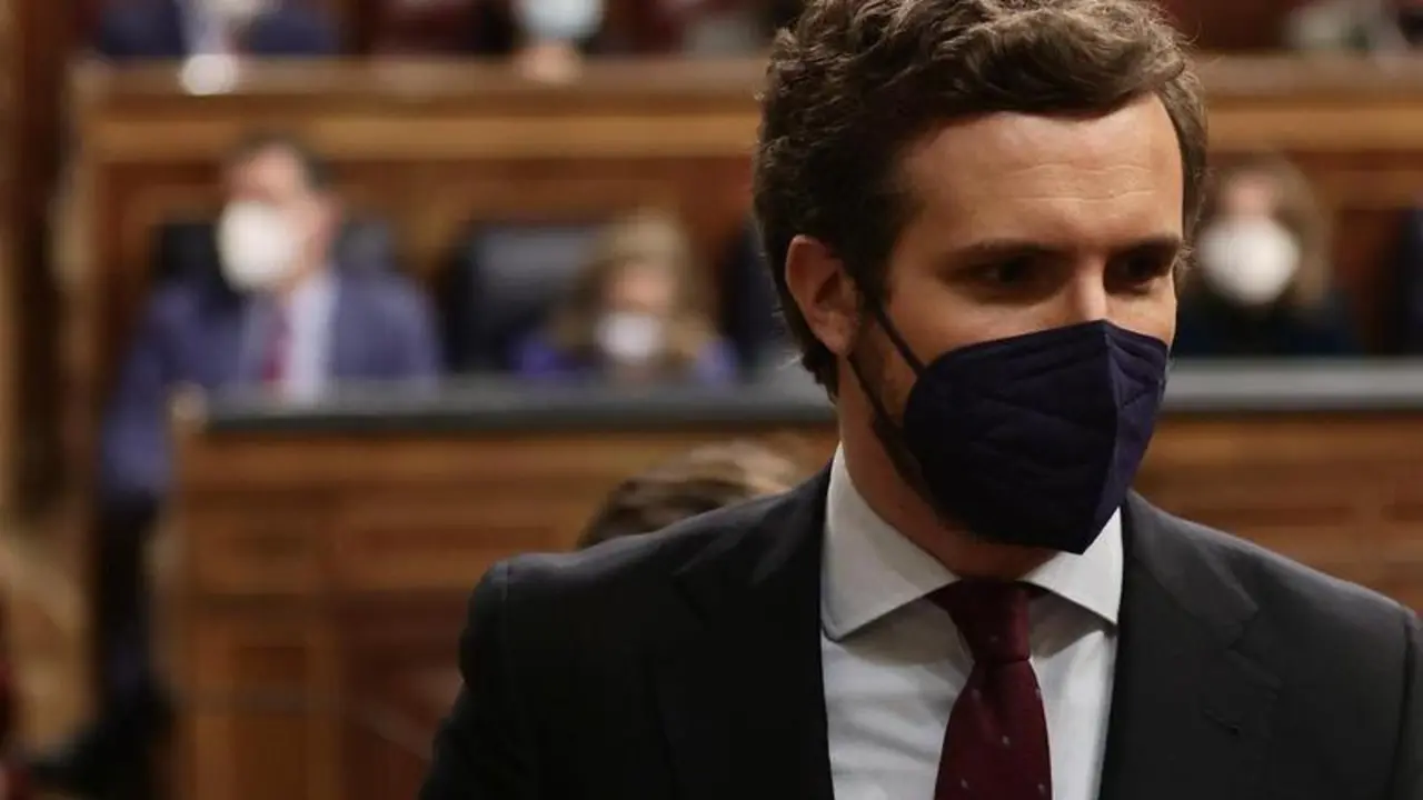 <p> El l&iacute;der del PP, Pablo Casado, en una sesi&oacute;n plenaria en el Congreso de los Diputados </p>