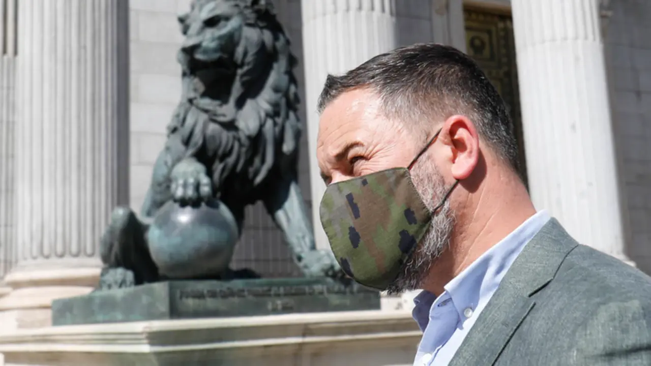 <p> El presidente de Vox, Santiago Abascal, frente al Congreso de los Diputados - C&eacute;zaro De Luca - Europa Press </p>