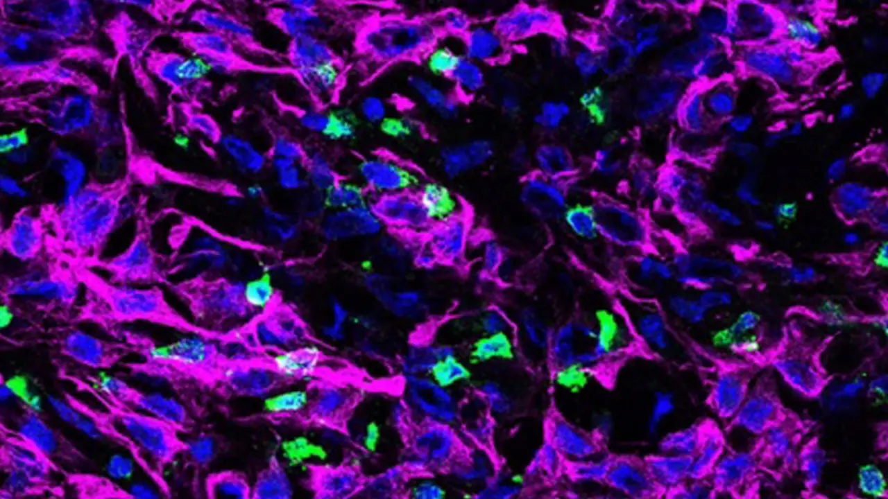 <p> Un corte transversal de tejido tumoral pancre&aacute;tico de rat&oacute;n. Estas c&eacute;lulas cancerosas (te&ntilde;idas de p&uacute;rpura) carecen de una prote&iacute;na llamada KRT19 en su capa externa que forma parte de un complejo que desactiva el movimiento de las c&eacute;lulas T (verde). - ZHIKAI WANG/FEARON LAB/CSHL, 2022 </p>
