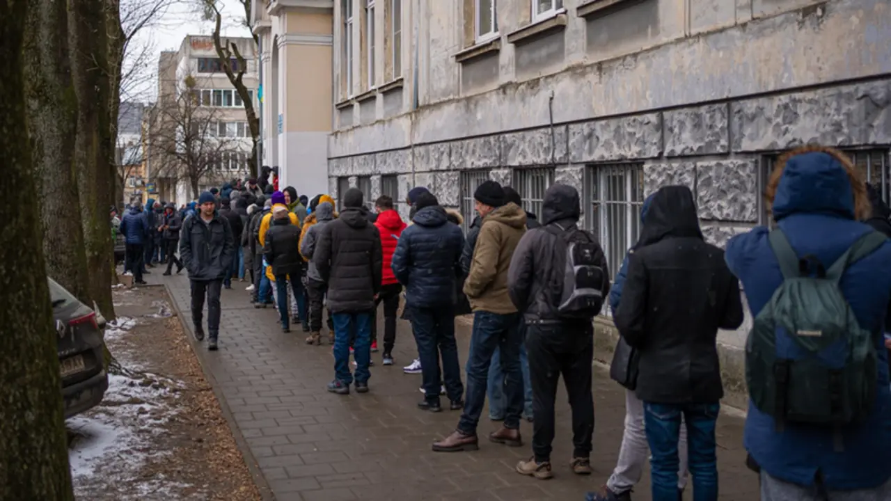 <p> Varias personas hacen cola para ser reclutados por el ejercito, a 5 de marzo de 2022, en Lviv (Ucrania) - Pau Venteo - Europa Press </p>