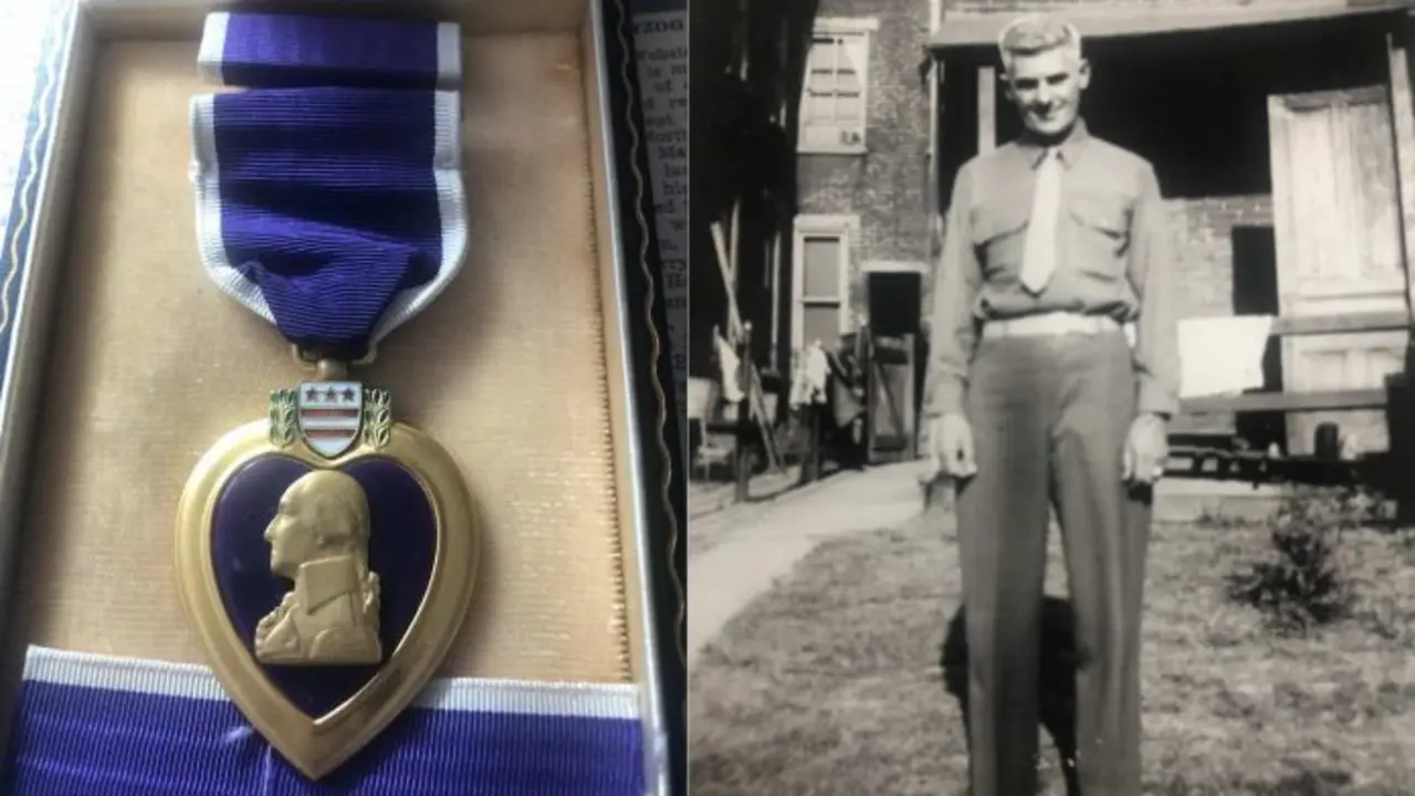 <p> Webster E. Hertzog con la medalla Coraz&oacute;n P&uacute;rpura otorgada p&oacute;stumamente </p>