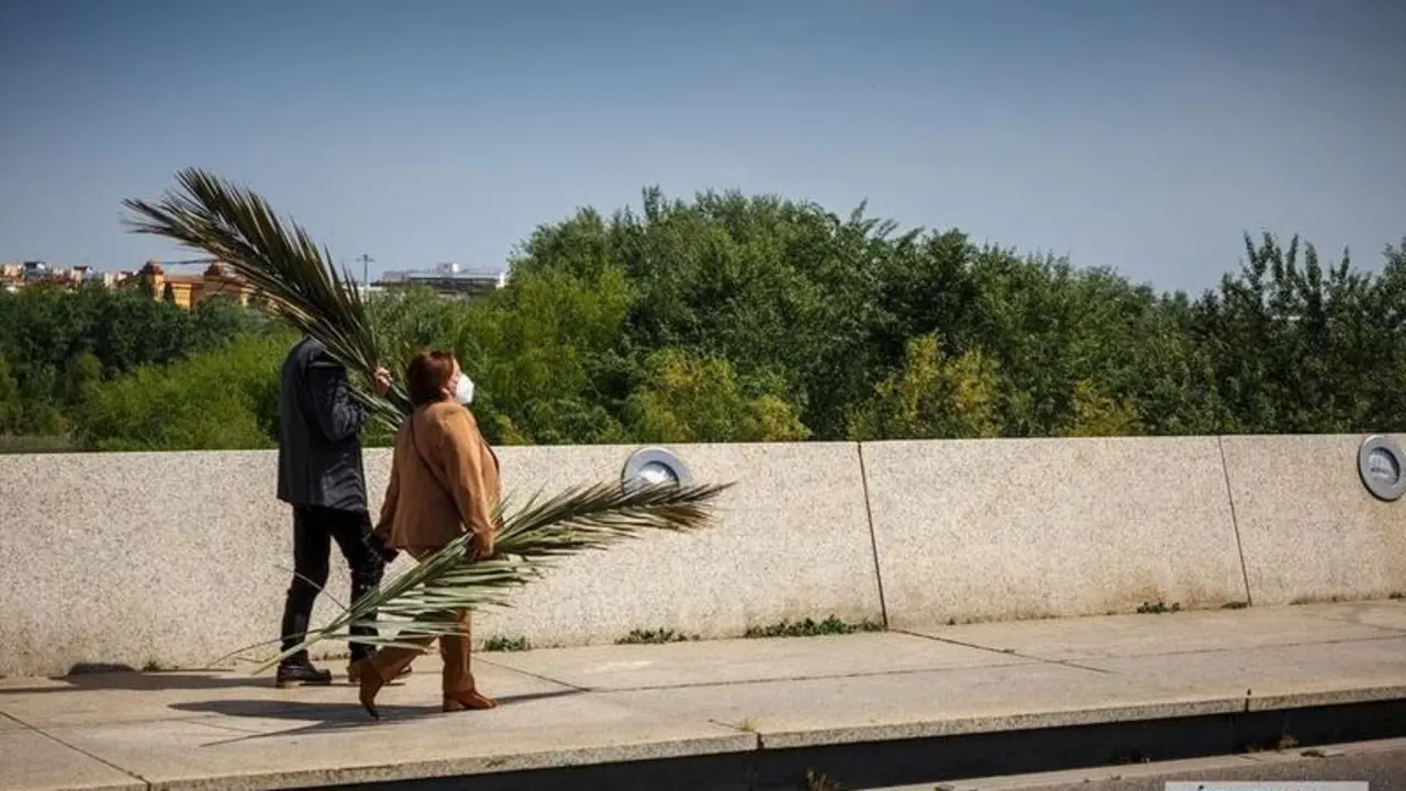 <p> Dos personas llevan unas palmas, Semana Santa. / Jos&eacute; Le&oacute;n. </p>