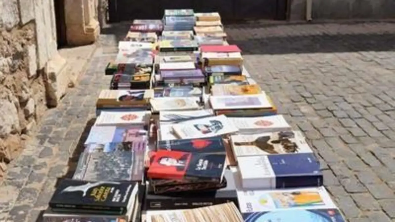 <p> Imagen del Mercado de Libros celebrado en la explanada del Palacio de la Claver&iacute;a de Aldea del Rey </p>