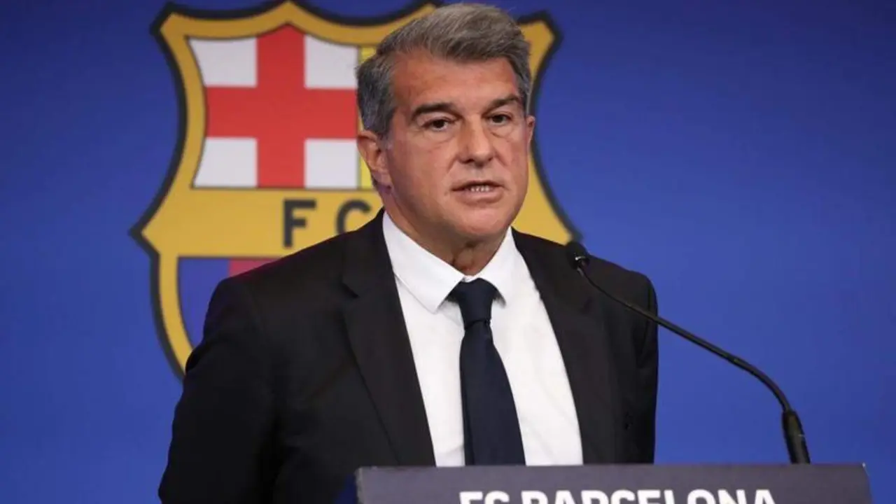 <p> Joan Laporta en su comparecencia </p>