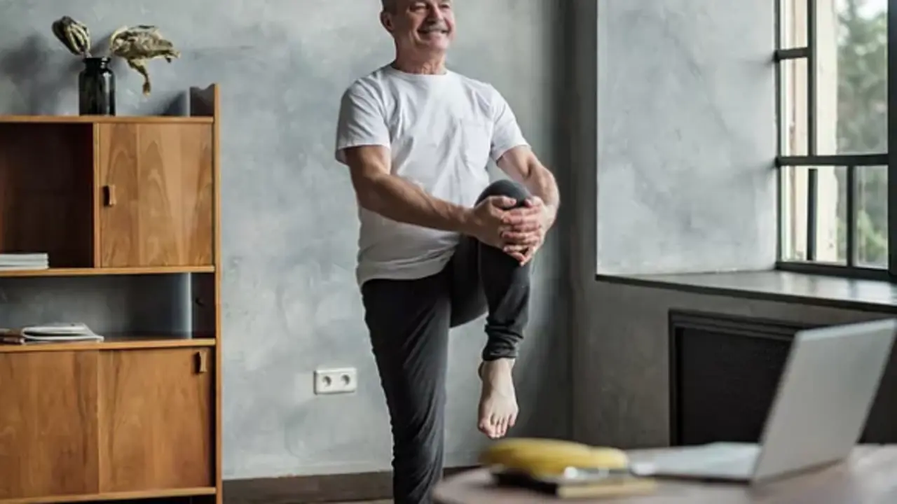 <p> Se&ntilde;or manteniendo el equilibrio a la pata coja </p>