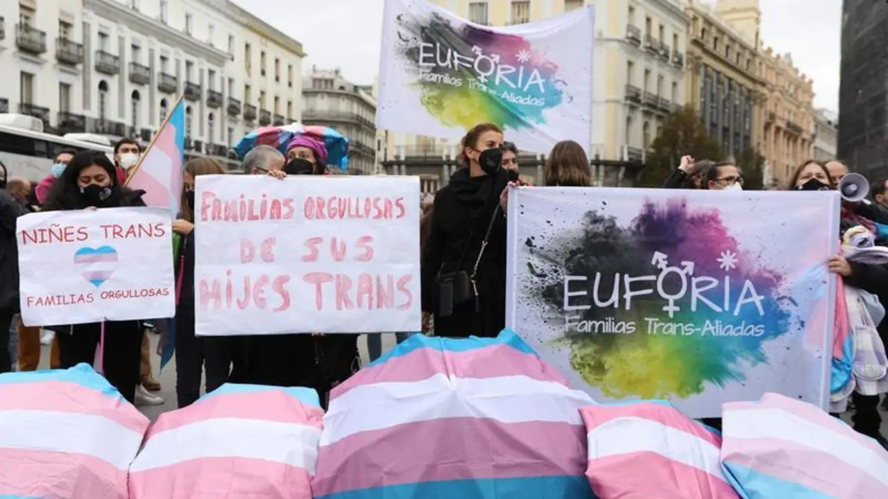 <p> Varias personas sostienen pancartas del colectivo Euforia Familias Trans-Aliadas - Isabel Infantes </p>